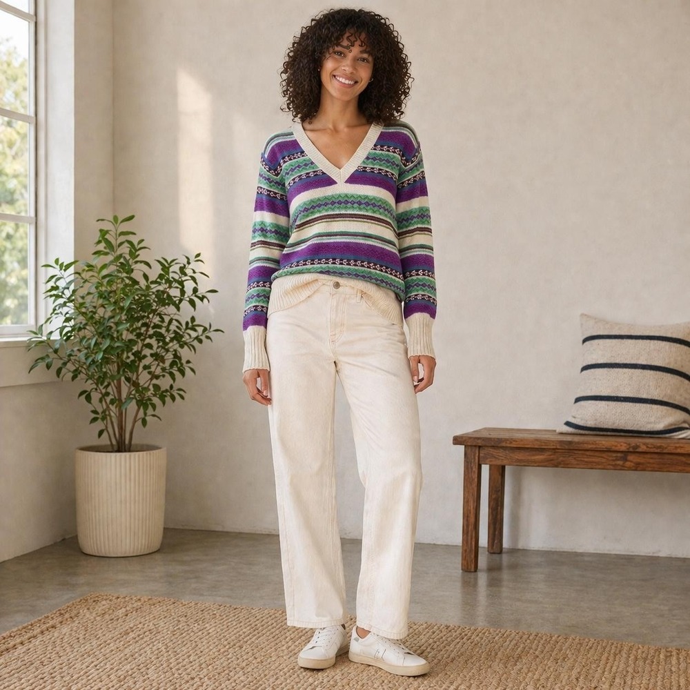OLD NAVY Women's Fair Isle Sweater XXL V-Neck Knit Multicolor Vintage Style